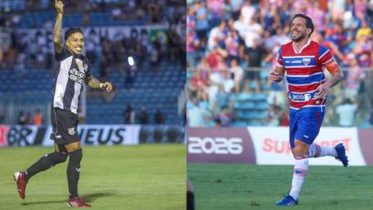 Matheusinho, do Ceará, e Lucas Sasha, do Fortaleza, comemoram gols nas semifinais do Campeonato Cearense