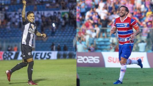 Matheusinho, do Ceará, e Lucas Sasha, do Fortaleza, comemoram gols nas semifinais do Campeonato Cearense