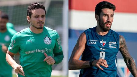 Raphael Veiga, do Palmeiras, e Lucero, do Fortaleza, durante treino das equipes