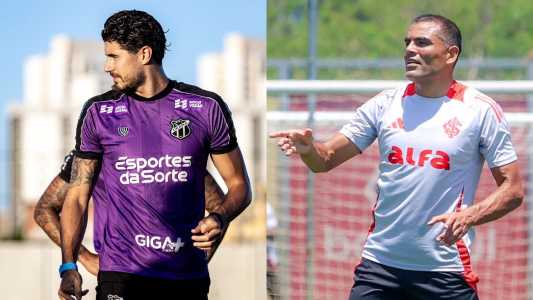 Pedro Raul, do Ceará, e Mercado, do Internacional, durante treino das equipes