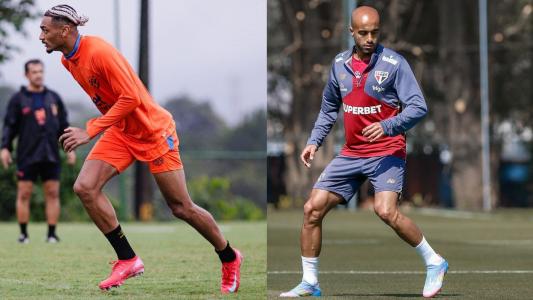 Derik, do Sport, e Lucas Moura, do São Paulo, no treino de suas respectivas equipes