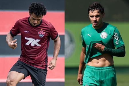 Romarinho, do Vitória, e Raphael Veiga, do Palmeiras, durante treino de suas equipes