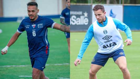 Bruno Pacheco, do Fortaleza, e Arthur, do Grêmio, durante treino das equipes
