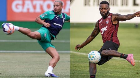 Vitor Roque, do Palmeiras, e Ramon, do Vitória, durante treino das equipes