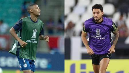 Atacante Ademir, do Bahia, e lateral-esquerdo Alex Telles, do Botafogo, durante aquecimento para partida da Copa Libetradores