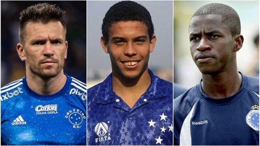 Eduardo Brock (esq), Ronaldo (centro) e Ramires (dir), todos ex-jogadores do Cruzeiro