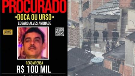 "Doca" é procurado pela polícia e apontado como chefe do CV no Rio; imagem à direita mostra criminoso do Comando Vermelho durante megaoperação no Rio.