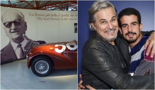 carro com banner de enzo ferrari; à direita, enzo celulari e edson celulari abraçados