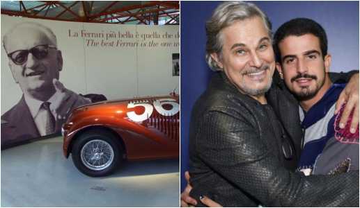 carro com banner de enzo ferrari; à direita, enzo celulari e edson celulari abraçados