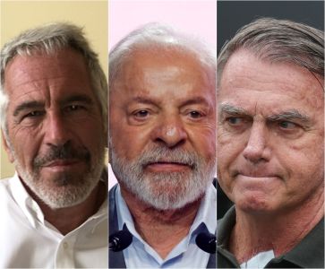 O empresário Jeffrey Epstein (esq.), o presidente Lula (cen.) e o ex-presidente Jair Bolsonaro (dir.)
