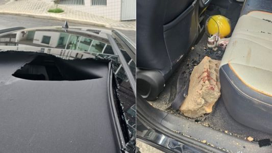 Teto de carro é destruído após queda de concreto em viaduto da Lagoinha