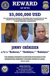 Foto foi divulgada pelo FBI em 12 de agosto de 2025; cartaz de procurado pelo líder de gangue haitiana Jimmy "Barbecue" Cherizier.