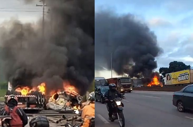 Carreta tomba, pega fogo e interdita trânsito na rodovia Fernão Dias, em Betim (MG)