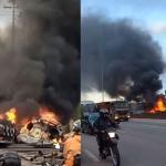 Carreta tomba, pega fogo e interdita trânsito na rodovia Fernão Dias, em Betim (MG)