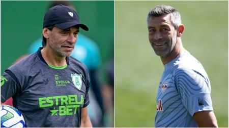 Fabián Bustos, técnico do América, e Pedro Caixinha, do Bragantino