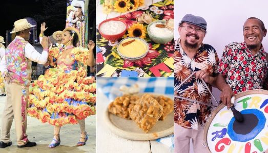 Fotos mostram dançarinos de festa junina, comidas típicas e integrantes do Trio Virgulo