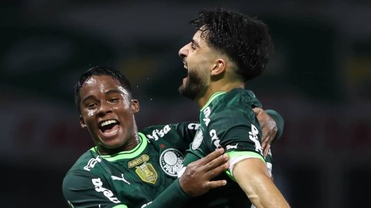 Flaco López e Endrick, do Palmeiras, comemoram gol contra o Tombense