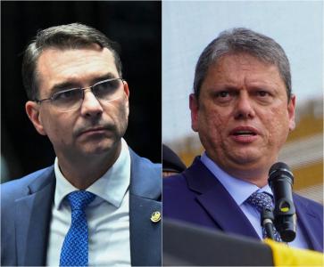 O senador Flávio Bolsonaro (esq.) e o governador de São Paulo, Tarcisio de Freitas (esq), cotados para representar a direita em 2026