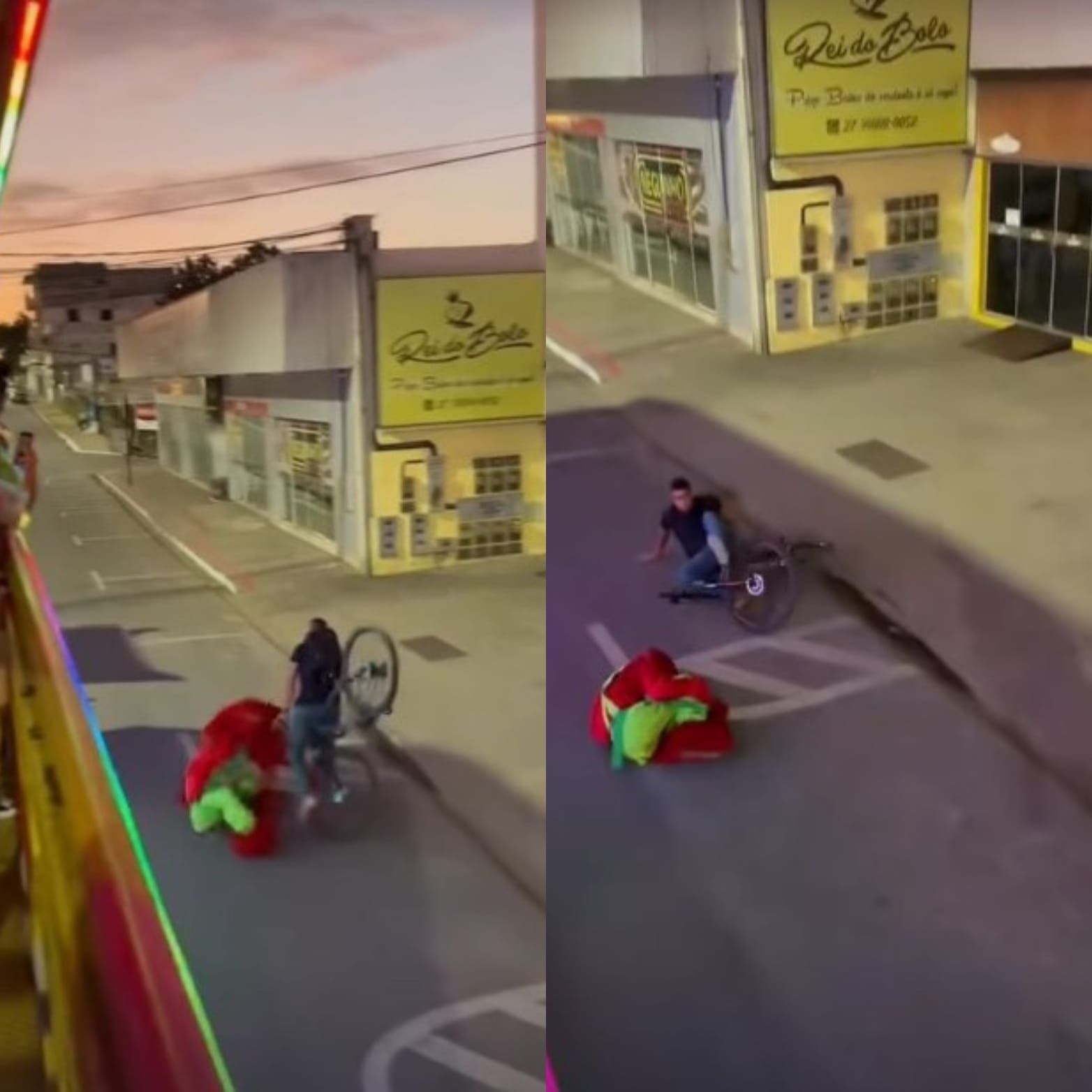 Vídeo: Fofão da 'Carreta Furacão' dá mortal e é atropelado por ciclista no ES