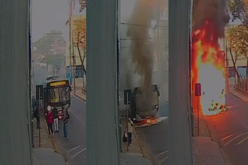 Imagens mostram o momento em que ônibus é tomado pelo fogo na Pampulha, em BH