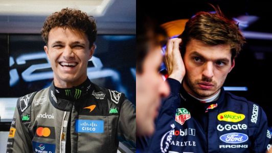 Lando Norris (à esq.), piloto da McLaren, e Max Verstappen (à dir.), piloto da Red Bull