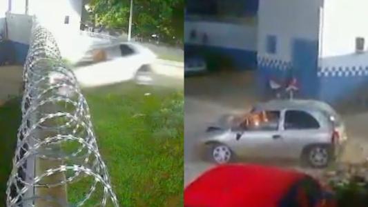 Câmeras de segurança registram momento em que carro voa e invade batalhão da Guarda Civil no interior de Goiás