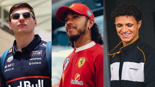 Max Verstappen (à esq.), piloto da Red Bull, Lewis Hamilton (centro), piloto da Ferrari, e Lando Norris (à dir.), piloto da McLaren