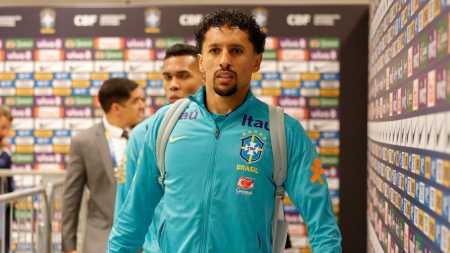 Marquinhos, zagueiro da Seleção Brasileira, antes da partida com o Paraguai, pelas Eliminatórias