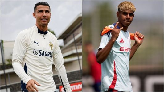 Cristiano Ronaldo em treino de Portugal e Lamine Yamal em treino da Espanha