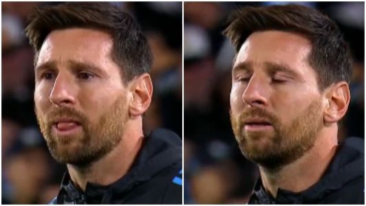 Lionel Messi chora antes do jogo entre Argentina e Venezuela