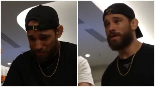 Jean Silva chora ao se ver no pôster do 'Noche UFC', em que ele lutará contra Diego Lopes, no próximo sábado (13)