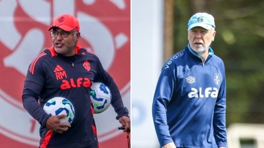 Técnicos Roger Machado, do Inter, e Mano Menezes, do Grêmio