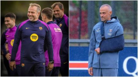 Hansi Flick, técnico do Barcelona, e Luis Enrique, técnico do PSG