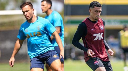 Volantes Arthur, do Grêmio, e Gabriel Baralhas, do Vitória, durante treino das equipes
