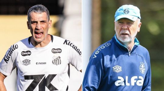 Técnicos Juan Pablo Vojvoda, do Santos, e Mano Menezes, do Grêmio