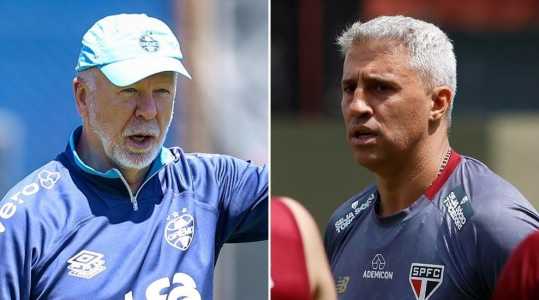 Técnicos Mano Menezes, do Grêmio, e Hernán Crespo, do São Paulo
