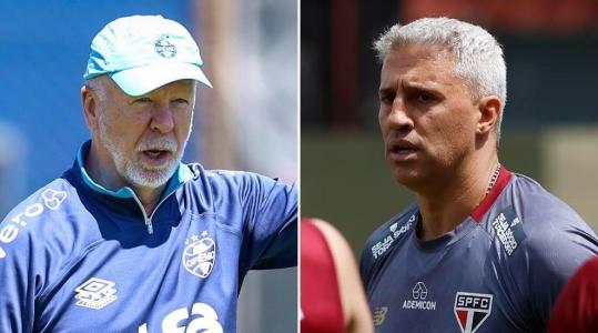 Técnicos Mano Menezes, do Grêmio, e Hernán Crespo, do São Paulo