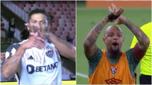 Gesto feito de Hulk (esq), pelo Atlético, e de Felipe Melo (dir), pelo Fluminense