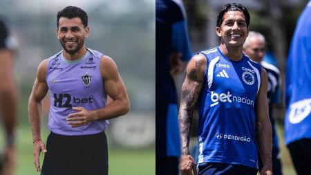 Júnior Alonso (Atlético) e Lucas Romero (Cruzeiro) durante treino