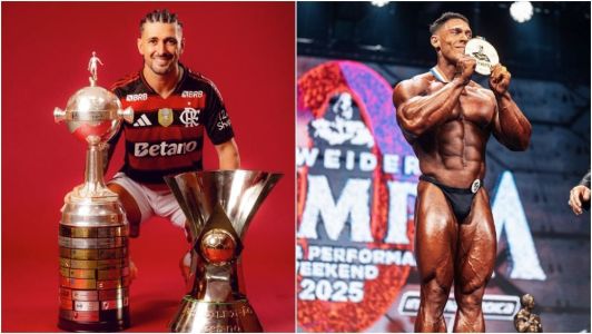 Arrascaeta, do Flamengo, com taças da Libertadores e do Brasileirão, e Ramon Dino com medalha do Mr. Olympia