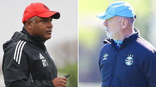 Técnicos Roger Machado, do Inter, e Mano Menezes, do Grêmio, estão pressionados nos respectivos cargos