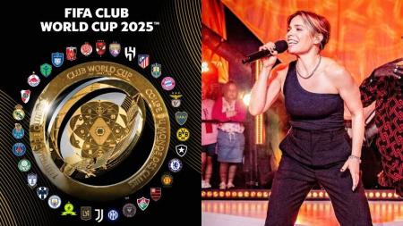 Foto de divulgação da Fifa com troféu do Mundial de Clubes de 2025 e escudos dos times participantes e Gala Rizzatto em exibição