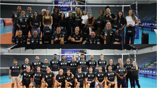 Elencos do Praia Clube na apresentação nesta segunda-feira (28)