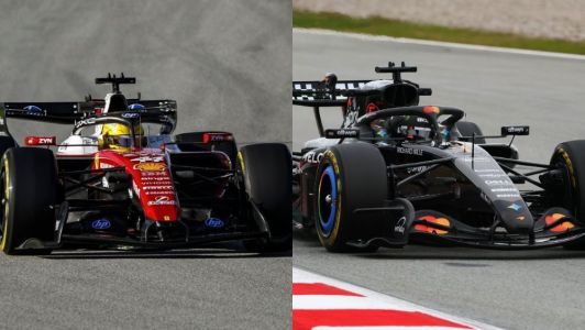 Lewis Hamilton, da Ferrari, (à esq.) e Lando Norris, da McLaren, (à dir.) em ação nos testes de pré-temporada