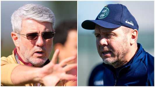 Odair Hellmann, técnico do Athletico-PR, e Mozart Santos, treinador do Coritiba