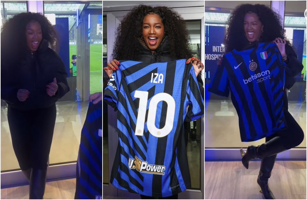 Gigante europeu presenteia cantora Iza com camisa personalizada, e web reage
