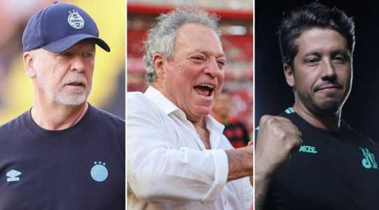 Técnicos Mano Menezes, do Grêmio, Abel Braga, do Inter, e Thiago Carpini, do Juventude