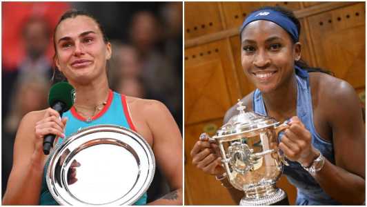 Sabalenka e Coco Gauff com troféus de vice-campeã e campeã de Roland Garros