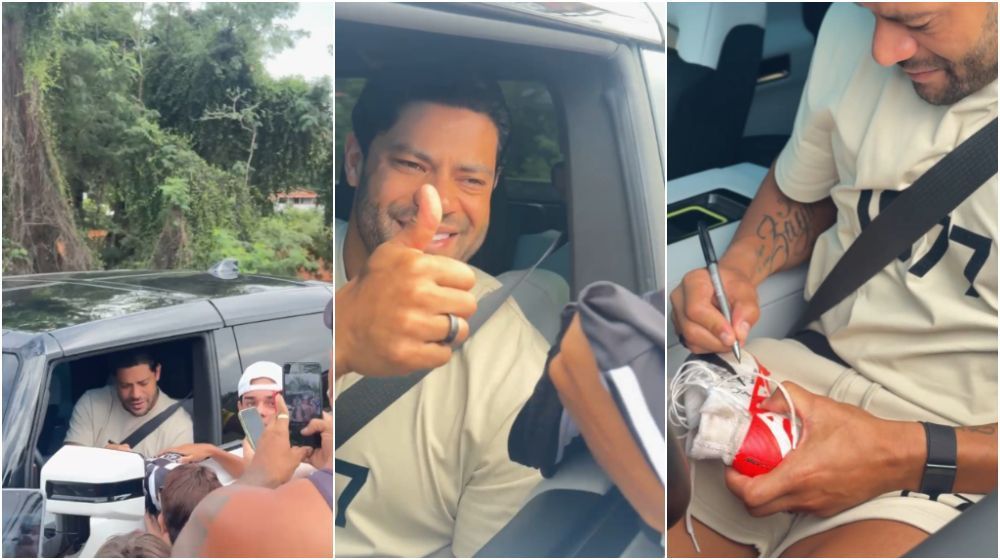 Hulk é tietado por torcedores do Atlético na Cidade do Galo antes de jogo-treino