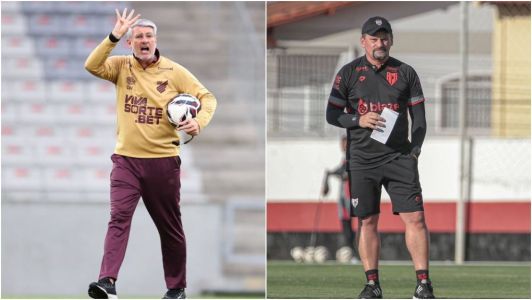 Odair Hellmann, do Athletico-PR, e Fábio Matias, do Atlético-GO